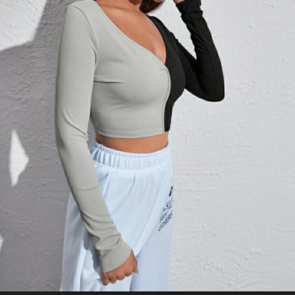 NWT Two Colored Block Crop Longsleeve Tee - Picture 2 of 5